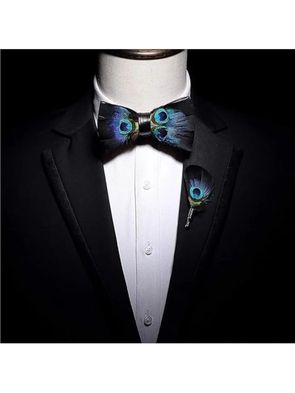Men's Natural Feather Pre-Tied Bow tie & Lapel Pin